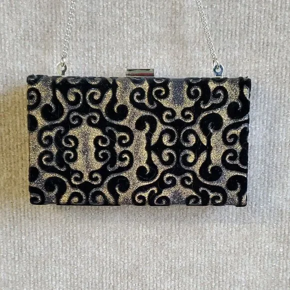 Evening Bag Clutch Purse Formal Black Velvet Baroque Metal Clasp Chain Strap - Picture 2 of 10